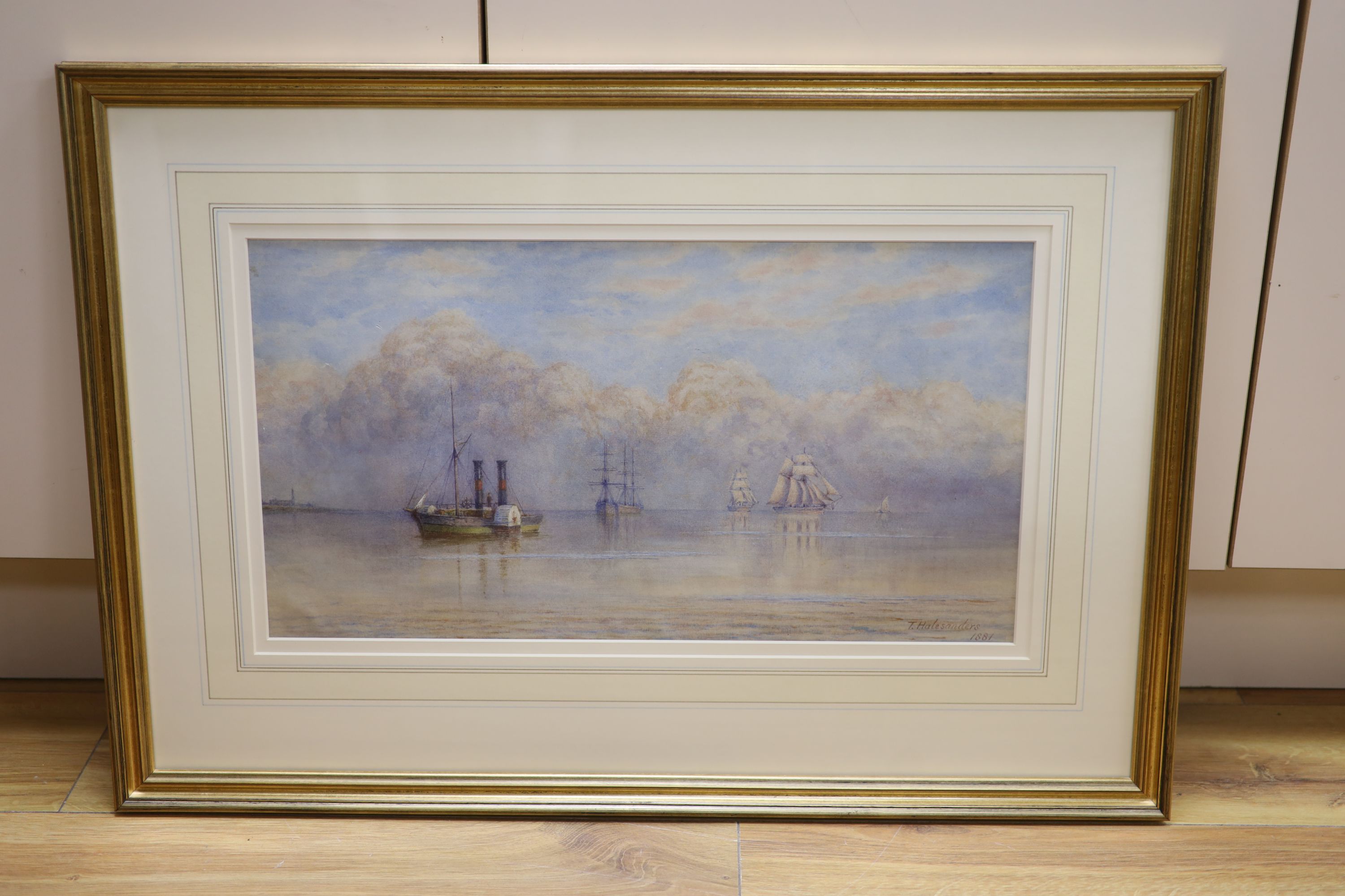 Thomas Hale Sanders (fl.1880-1906), watercolour, Paddlesteamers along the coast, signed and dated 1881, 27 x 50cm